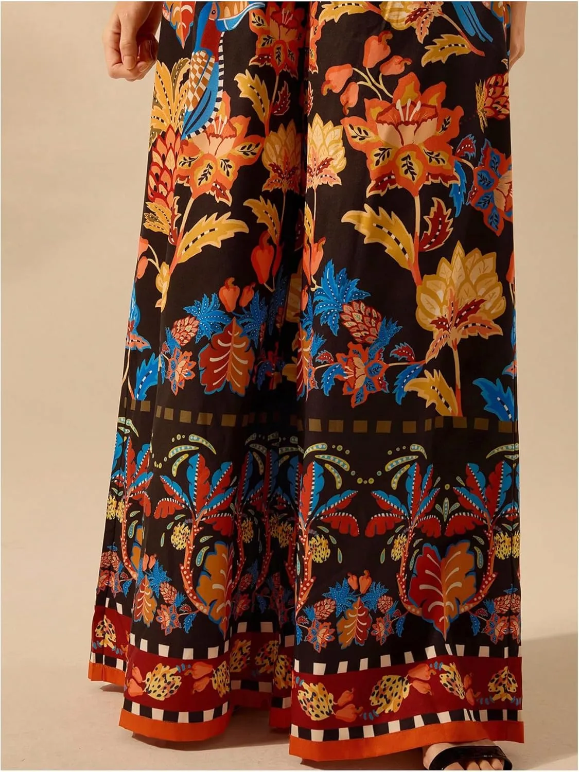 Women's Boho Palazzo Pants Floral Baggy Pants Flowy Vacation Wide Leg Pants Drawstring Beach High Waist Loose Trouser