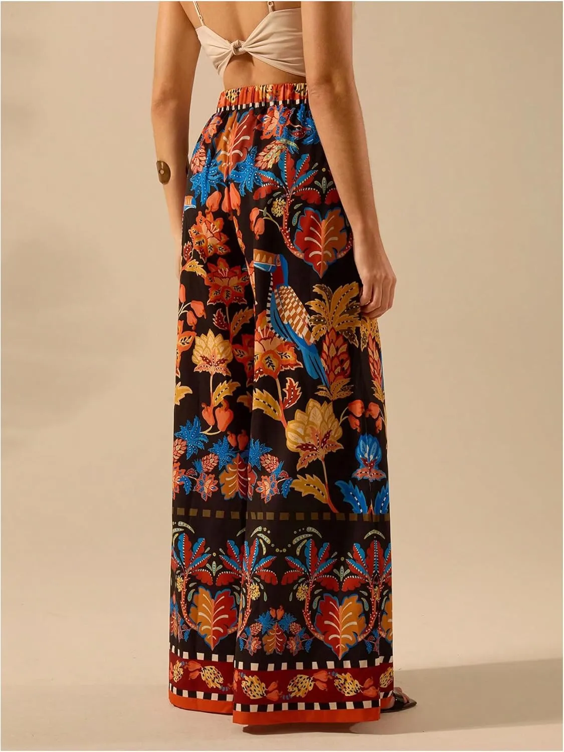 Women's Boho Palazzo Pants Floral Baggy Pants Flowy Vacation Wide Leg Pants Drawstring Beach High Waist Loose Trouser
