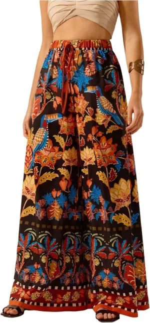 Women's Boho Palazzo Pants Floral Baggy Pants Flowy Vacation Wide Leg Pants Drawstring Beach High Waist Loose Trouser