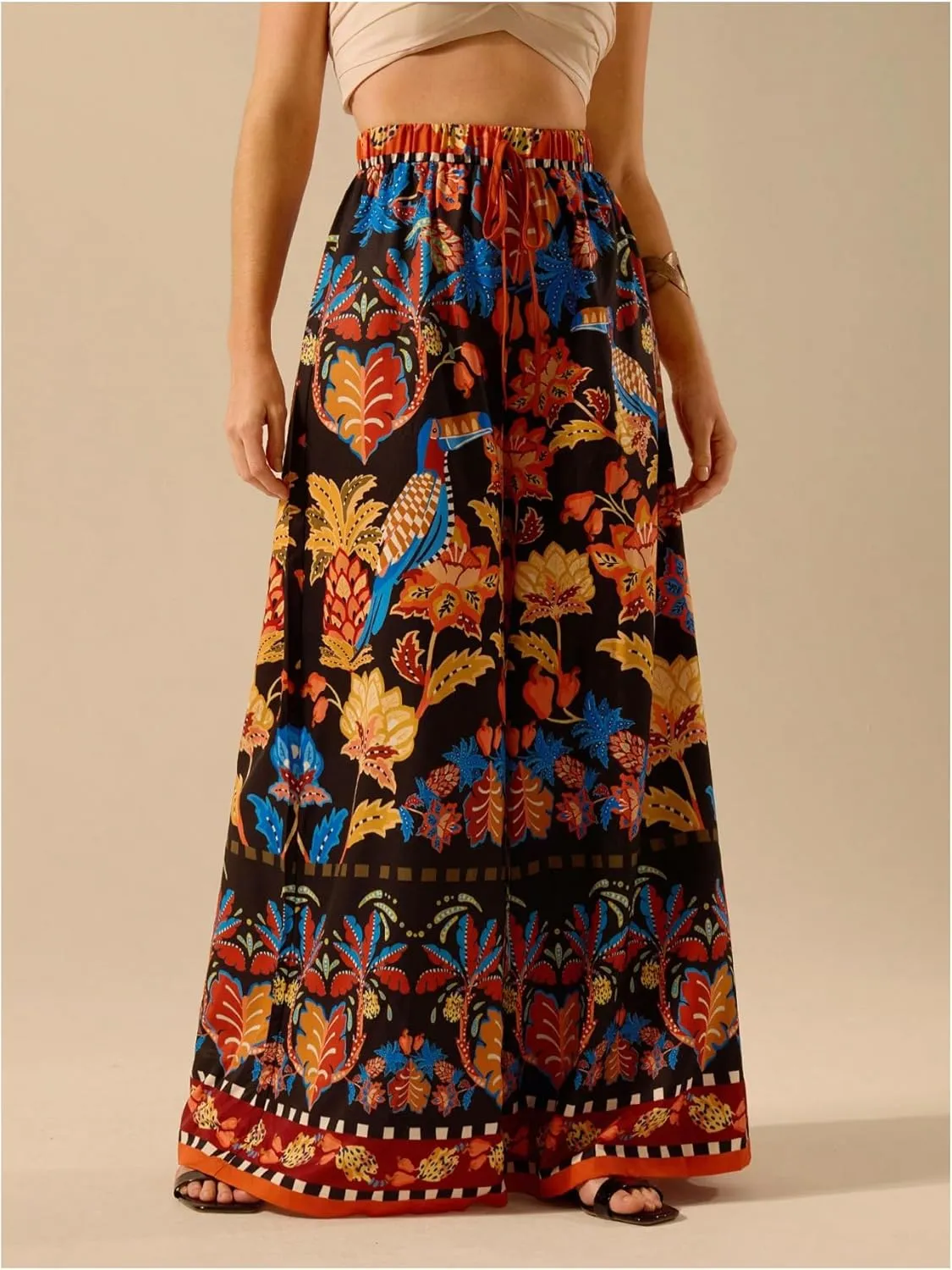 Women's Boho Palazzo Pants Floral Baggy Pants Flowy Vacation Wide Leg Pants Drawstring Beach High Waist Loose Trouser