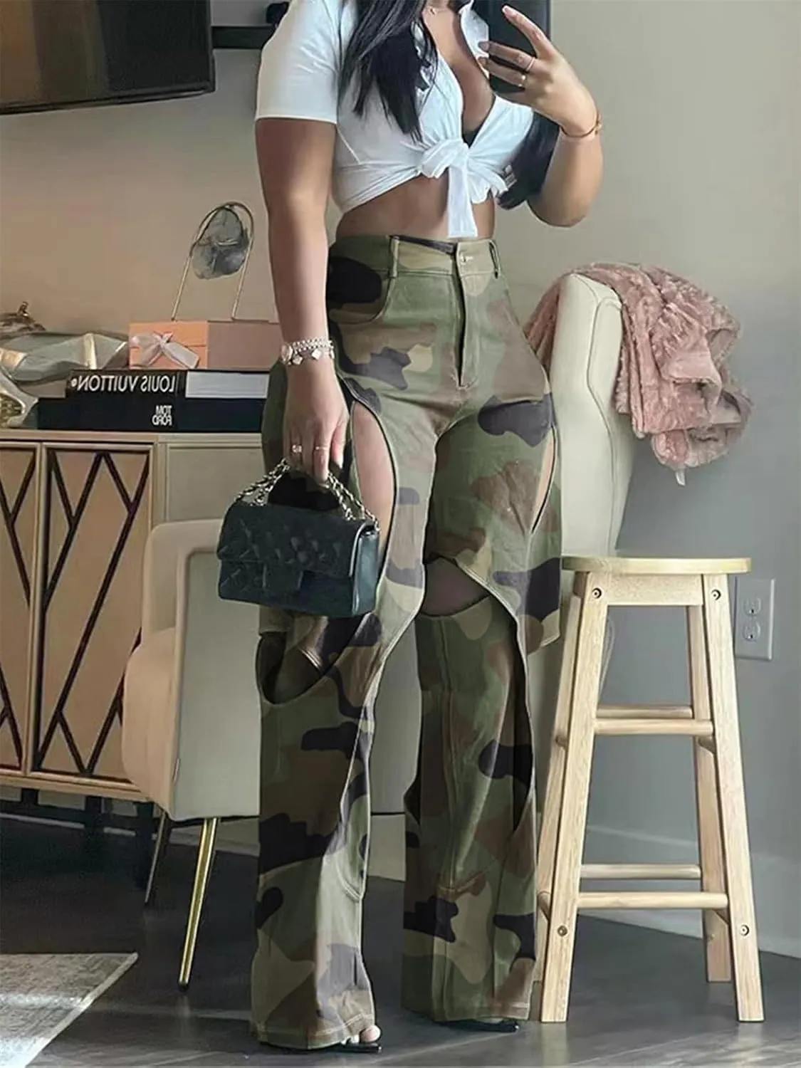 Women's Camo Cargo Pants High Waist Y2K Baggy Cut Out Straight Leg Casual Trousers Streetwear