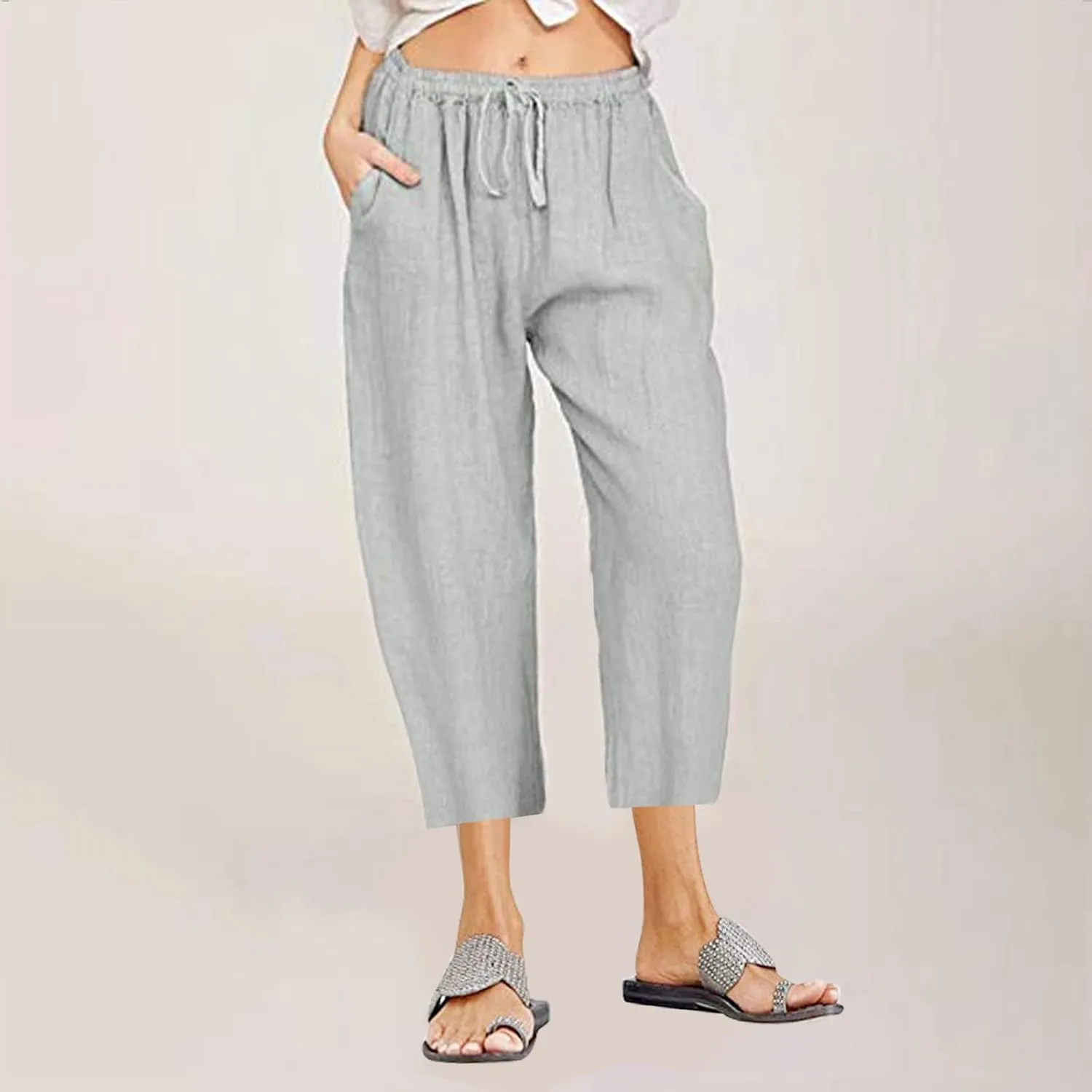 Womens Capri Pants Summer Casual Comfy Baggy Palazzo Pants with Pockets Trendy Loose Trouser with Pockets Plus Size