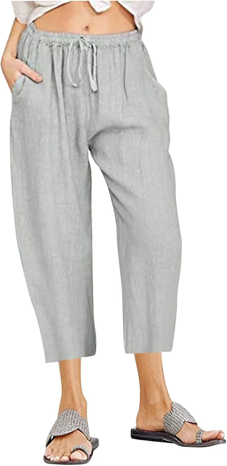 Womens Capri Pants Summer Casual Comfy Baggy Palazzo Pants with Pockets Trendy Loose Trouser with Pockets Plus Size