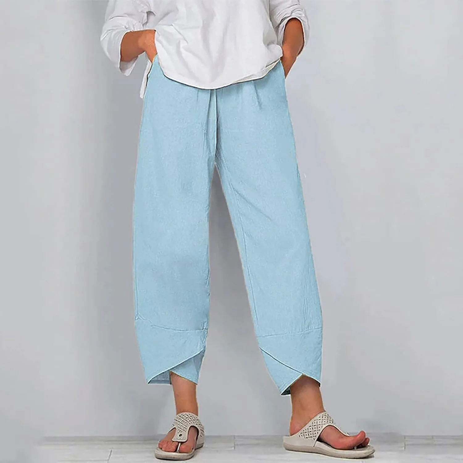 Womens Capris Pants Cotton Linen Boho Printed Cropped Baggy Trousers Summer Pallazzo Lounge Pants with Pockets