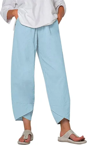 Womens Capris Pants Cotton Linen Boho Printed Cropped Baggy Trousers Summer Pallazzo Lounge Pants with Pockets