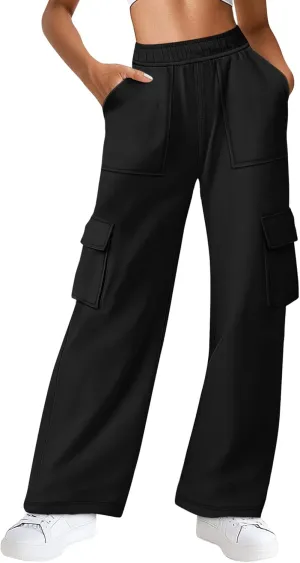 Women's Cargo Sweatpants with Pockets, High Waist Wide Leg Hiking Pants Casual Baggy Athletic Joggers Winter Fall