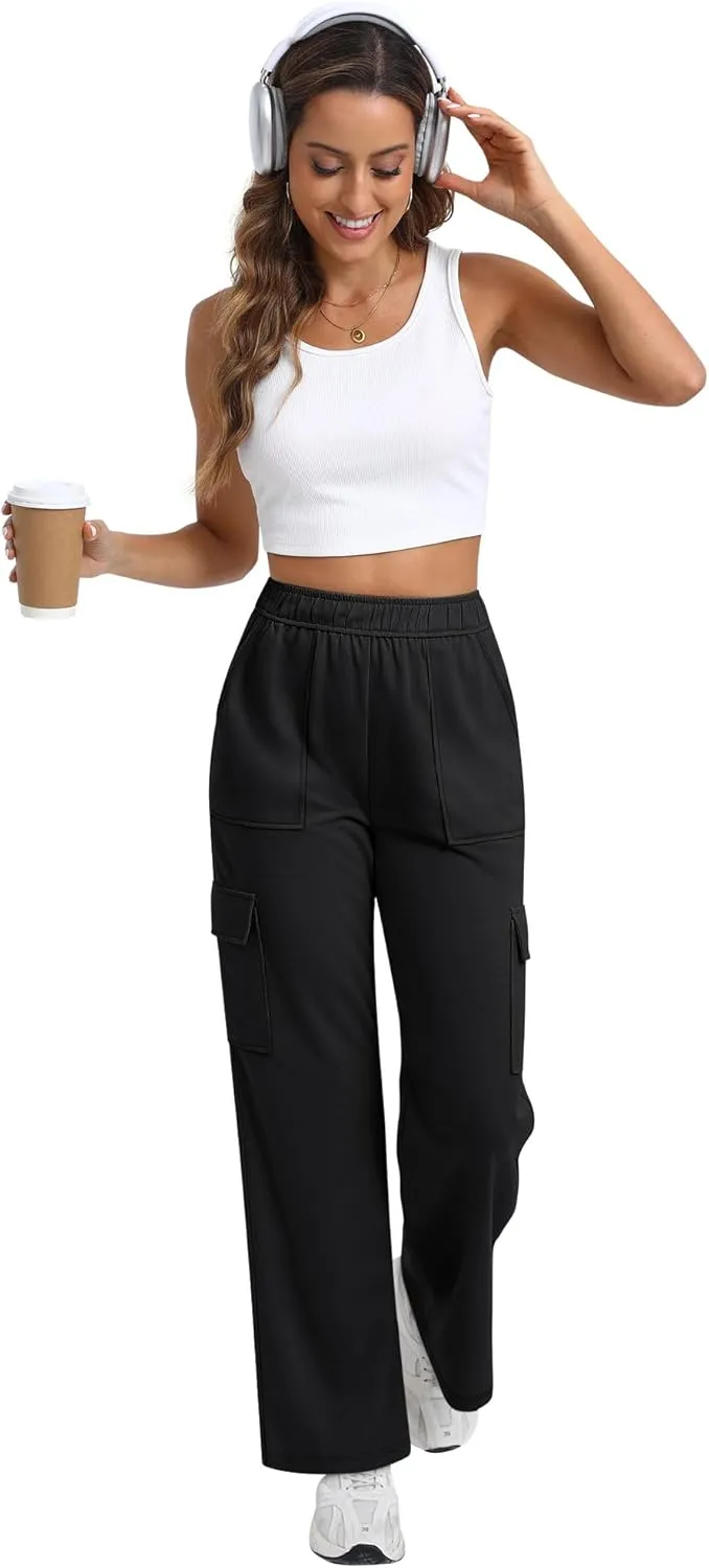 Women's Cargo Sweatpants with Pockets, High Waist Wide Leg Hiking Pants Casual Baggy Athletic Joggers Winter Fall