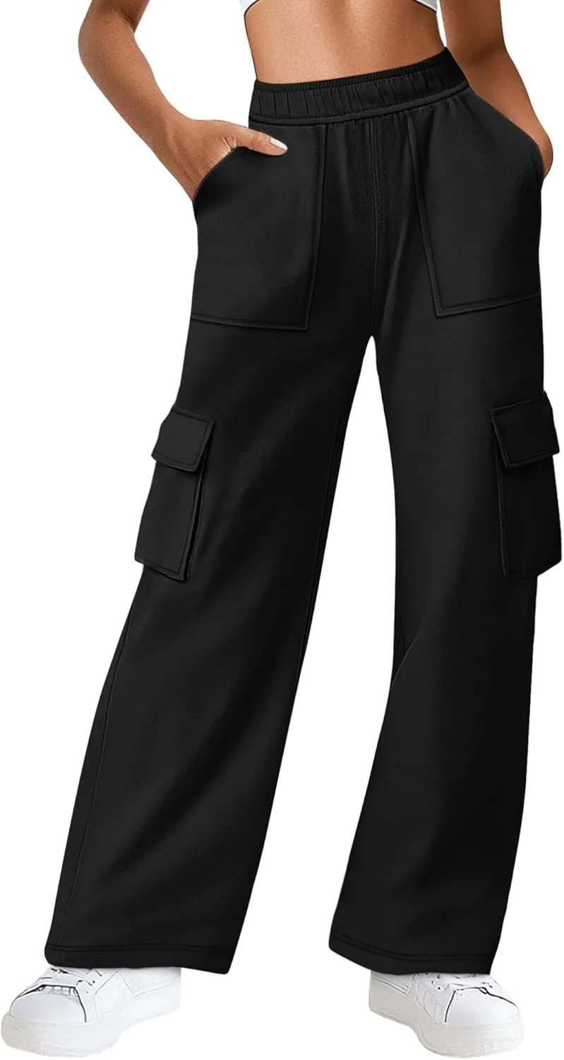 Women's Cargo Sweatpants with Pockets, High Waist Wide Leg Hiking Pants Casual Baggy Athletic Joggers Winter Fall
