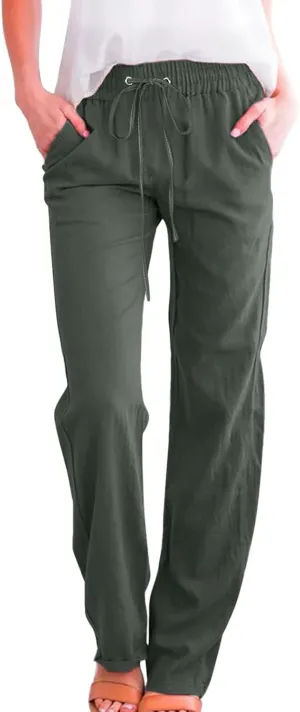Womens Casual Linen High Waist Pants Drawstring Loose Fit Lightweight Summer Pants Trousers with Side Pockets