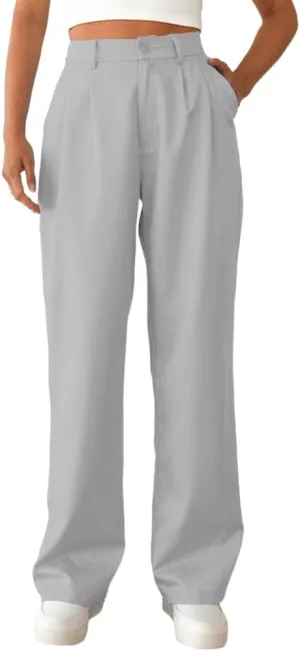 Women's Casual Straight Trousers High Waisted Button Work Office Dress Pants with Pockets