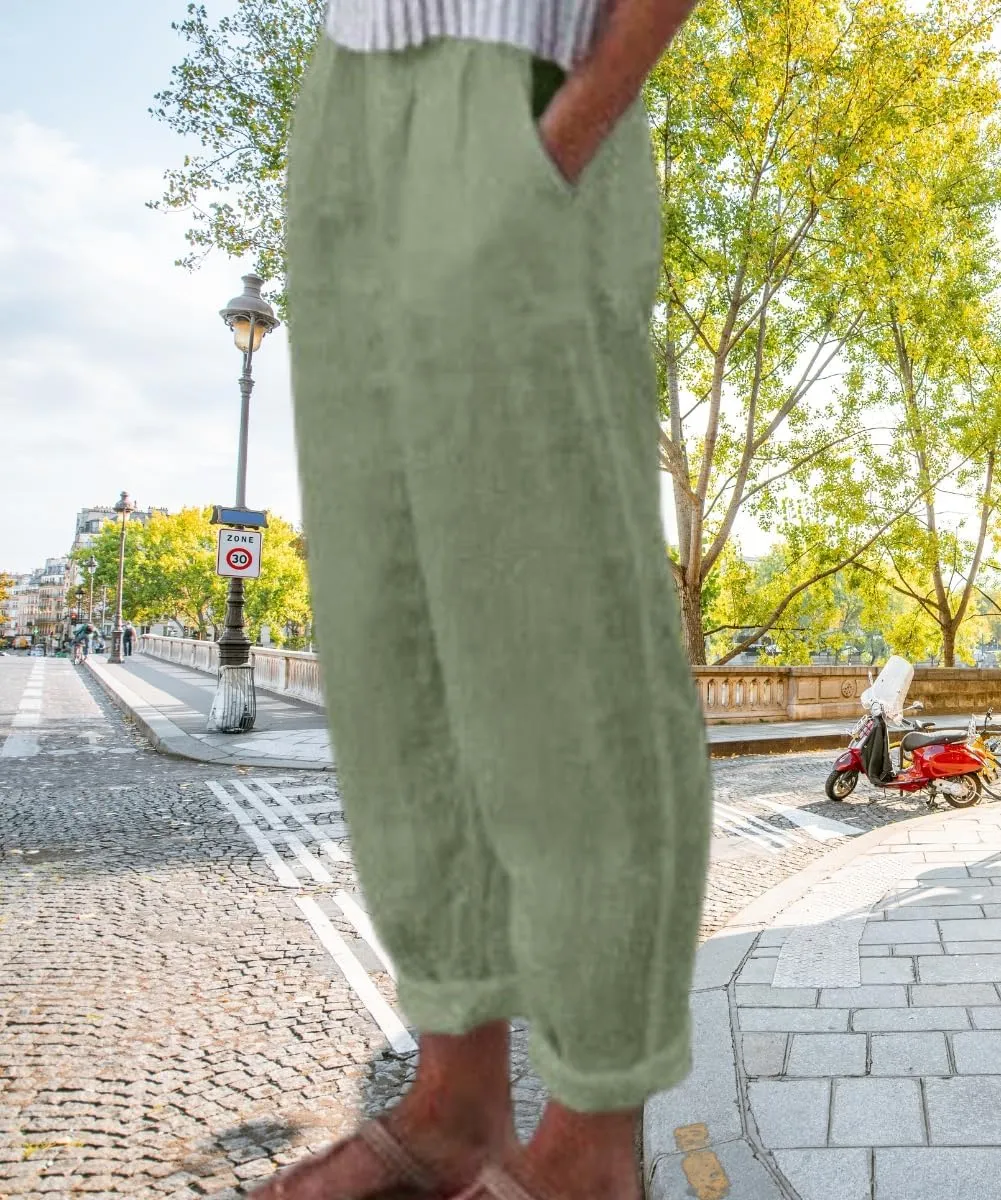 Women's Cotton Linen Pants Casual Elastic High Waisted Straight Leg Palazzo Pants with Pockets Solid Comfy Trousers