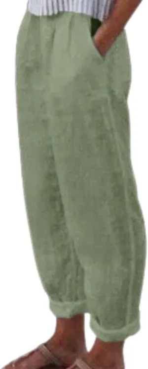 Women's Cotton Linen Pants Casual Elastic High Waisted Straight Leg Palazzo Pants with Pockets Solid Comfy Trousers