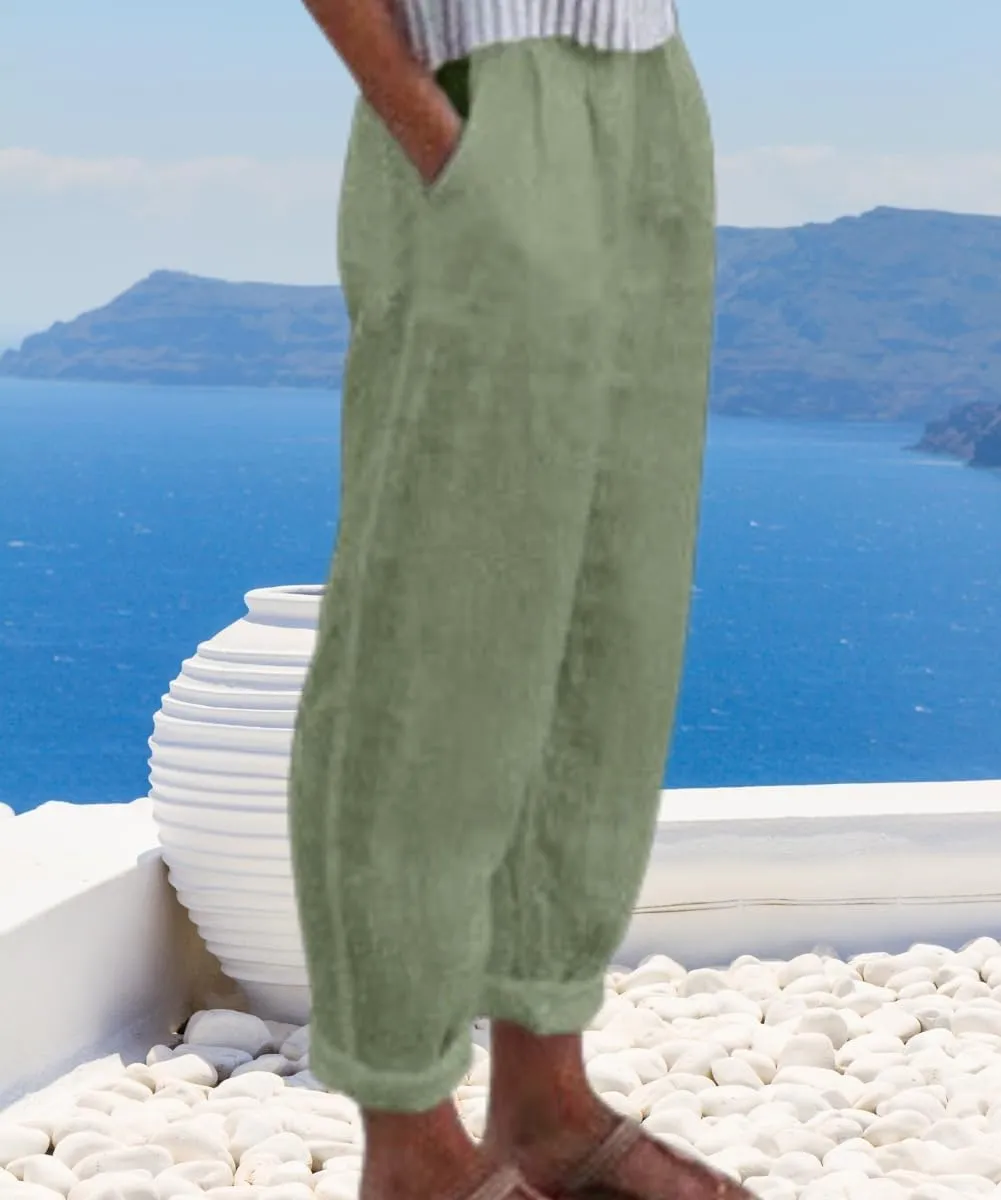 Women's Cotton Linen Pants Casual Elastic High Waisted Straight Leg Palazzo Pants with Pockets Solid Comfy Trousers