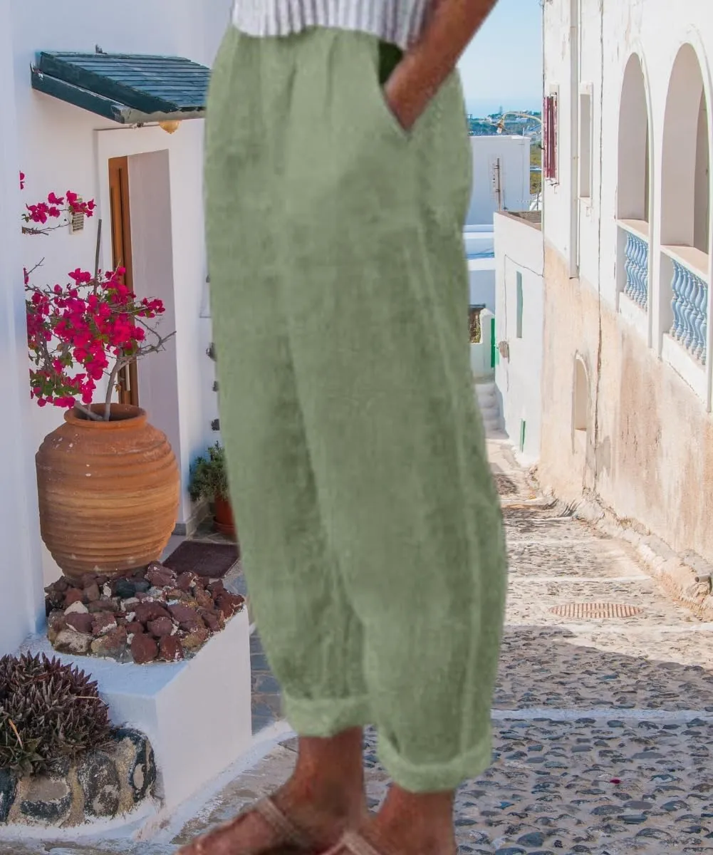 Women's Cotton Linen Pants Casual Elastic High Waisted Straight Leg Palazzo Pants with Pockets Solid Comfy Trousers