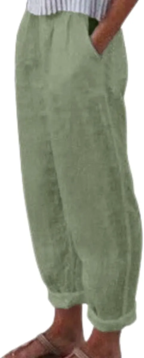 Women's Cotton Linen Pants Casual Elastic High Waisted Straight Leg Palazzo Pants with Pockets Solid Comfy Trousers