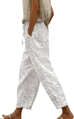 Women's Cotton Linen Pants Summer Casual Loose Elastic High Waisted Wide Leg Beach Trousers Comfy Slacks with Pockets