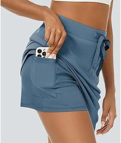 Women's Cotton Pencil Skirt Hidden Pocket High Waisted Elastic Waistband Casual Skort