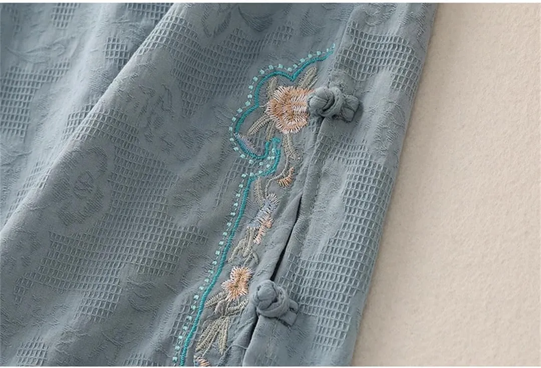 Women's Cotton Wide Leg Pants Loose High Waist Straight Pants Casual Embroidered Harem Pants