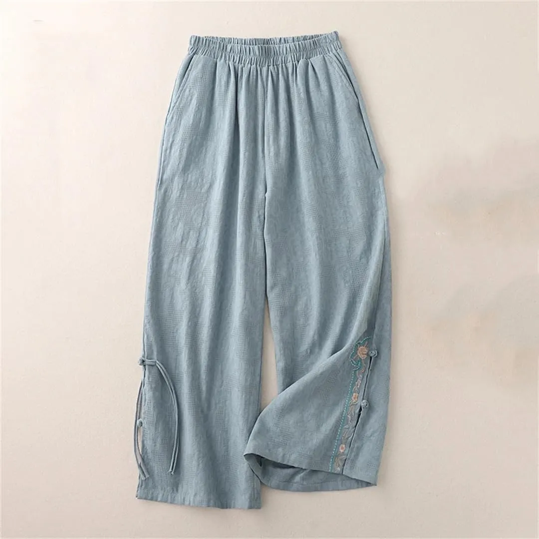 Women's Cotton Wide Leg Pants Loose High Waist Straight Pants Casual Embroidered Harem Pants