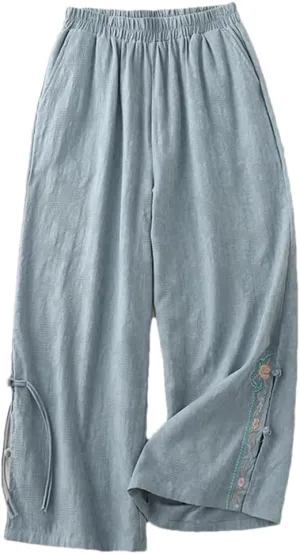Women's Cotton Wide Leg Pants Loose High Waist Straight Pants Casual Embroidered Harem Pants