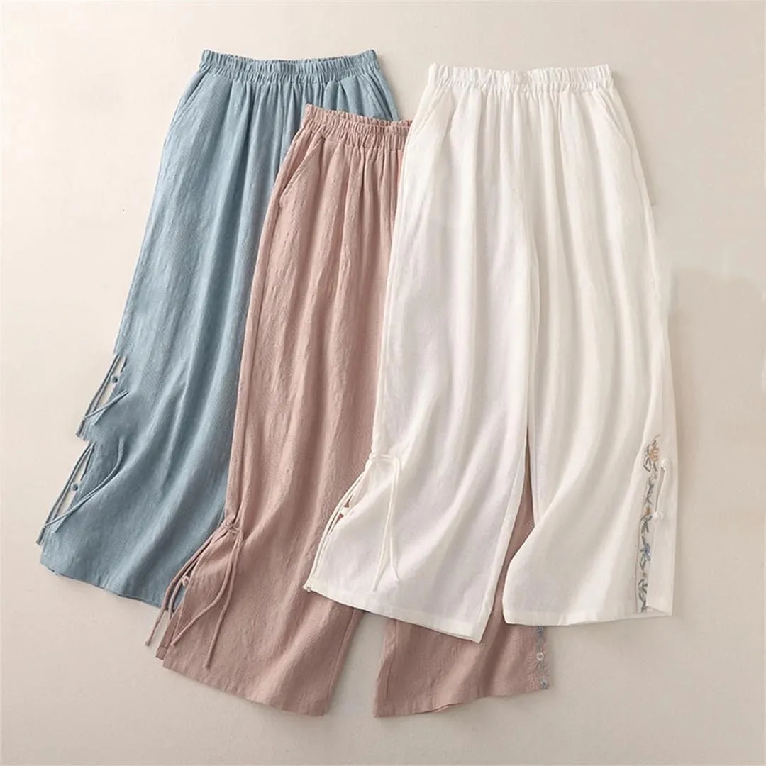 Women's Cotton Wide Leg Pants Loose High Waist Straight Pants Casual Embroidered Harem Pants