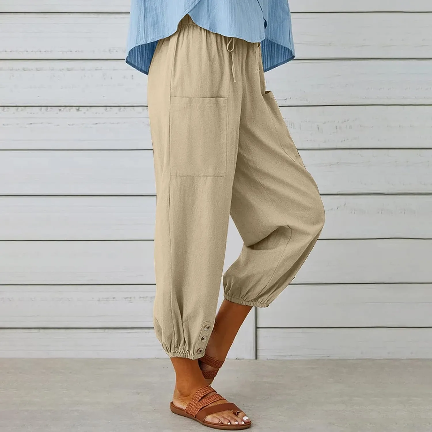 Women's Cropped Drawstring Waist Wide Leg Loose Cotton Linen Capri Pants for Women