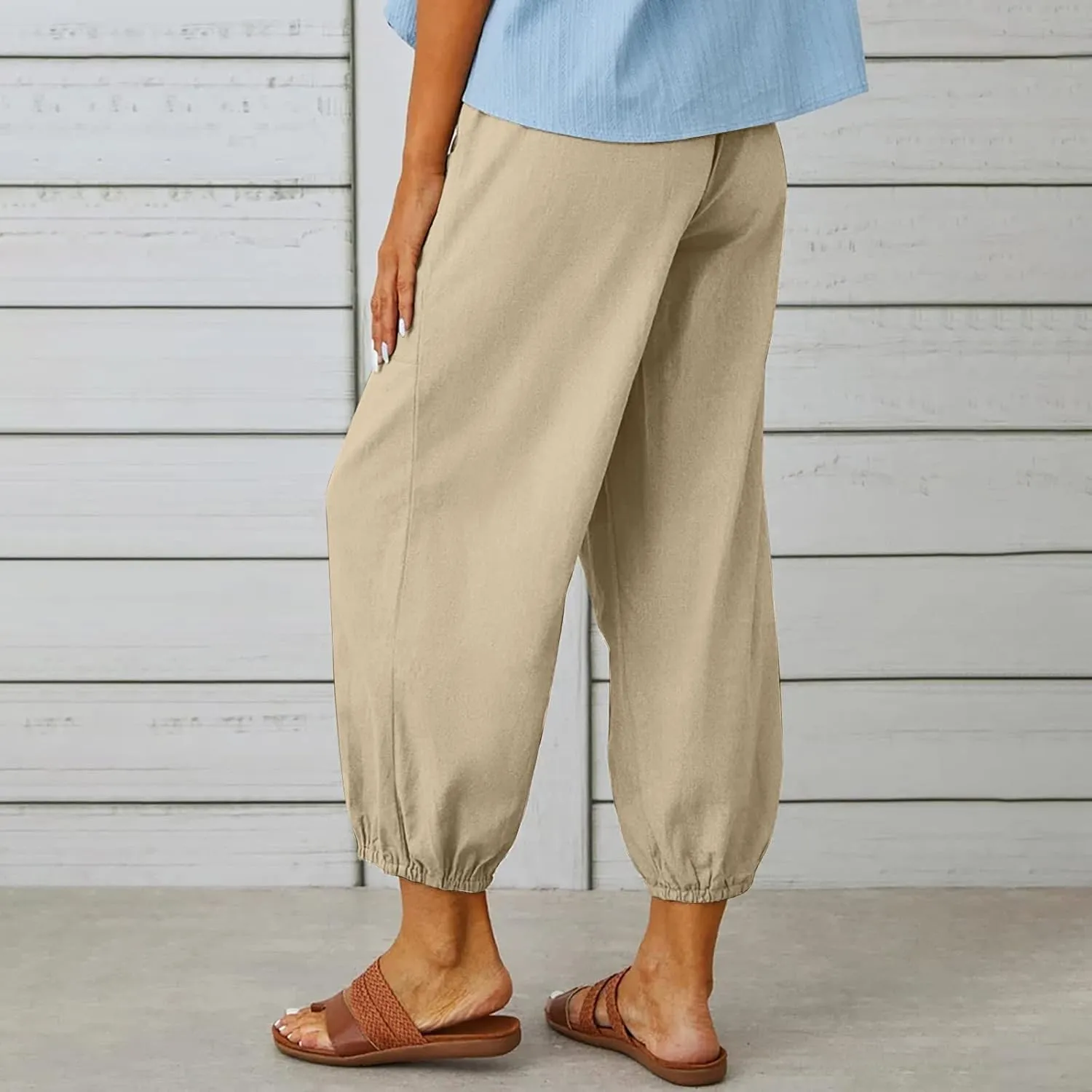 Women's Cropped Drawstring Waist Wide Leg Loose Cotton Linen Capri Pants for Women