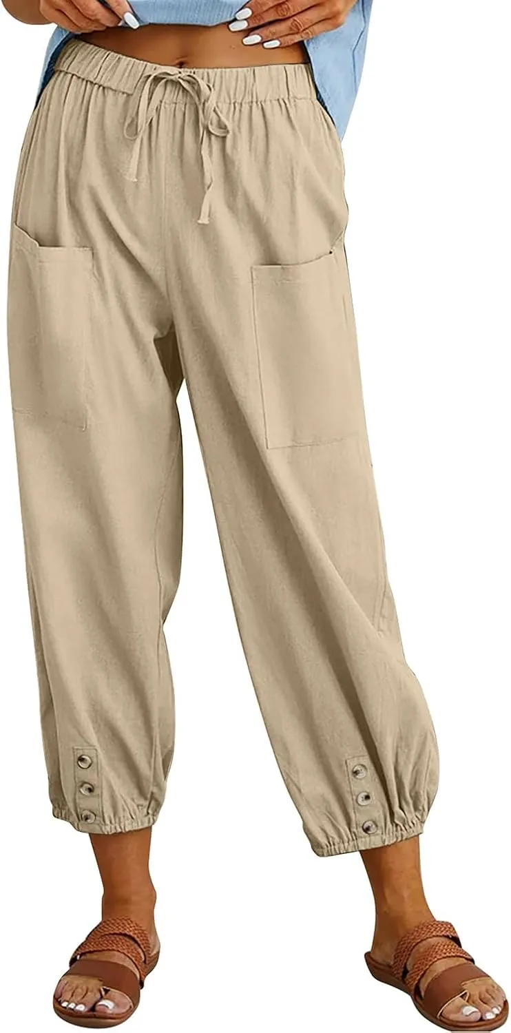 Women's Cropped Drawstring Waist Wide Leg Loose Cotton Linen Capri Pants for Women