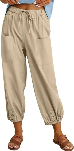Women's Cropped Drawstring Waist Wide Leg Loose Cotton Linen Capri Pants for Women