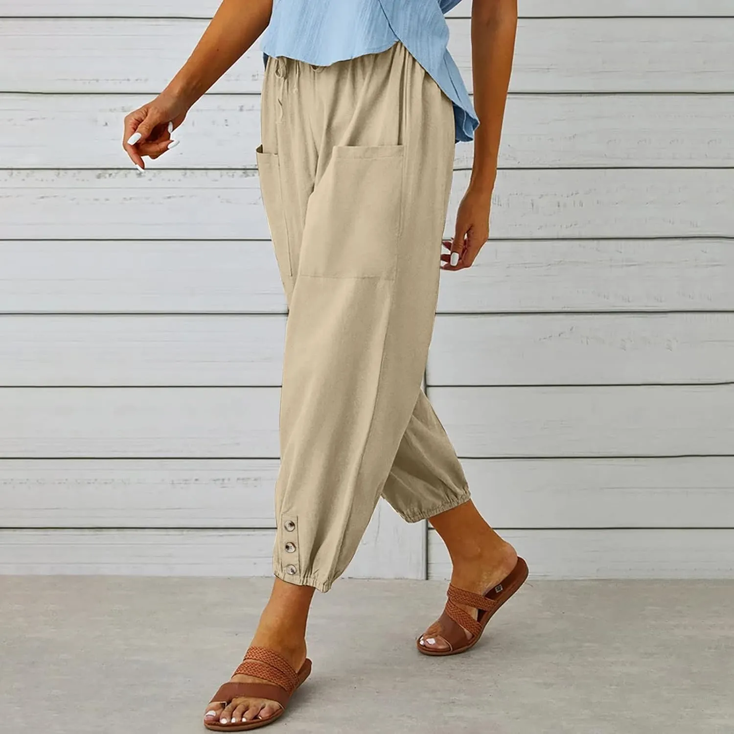 Women's Cropped Drawstring Waist Wide Leg Loose Cotton Linen Capri Pants for Women