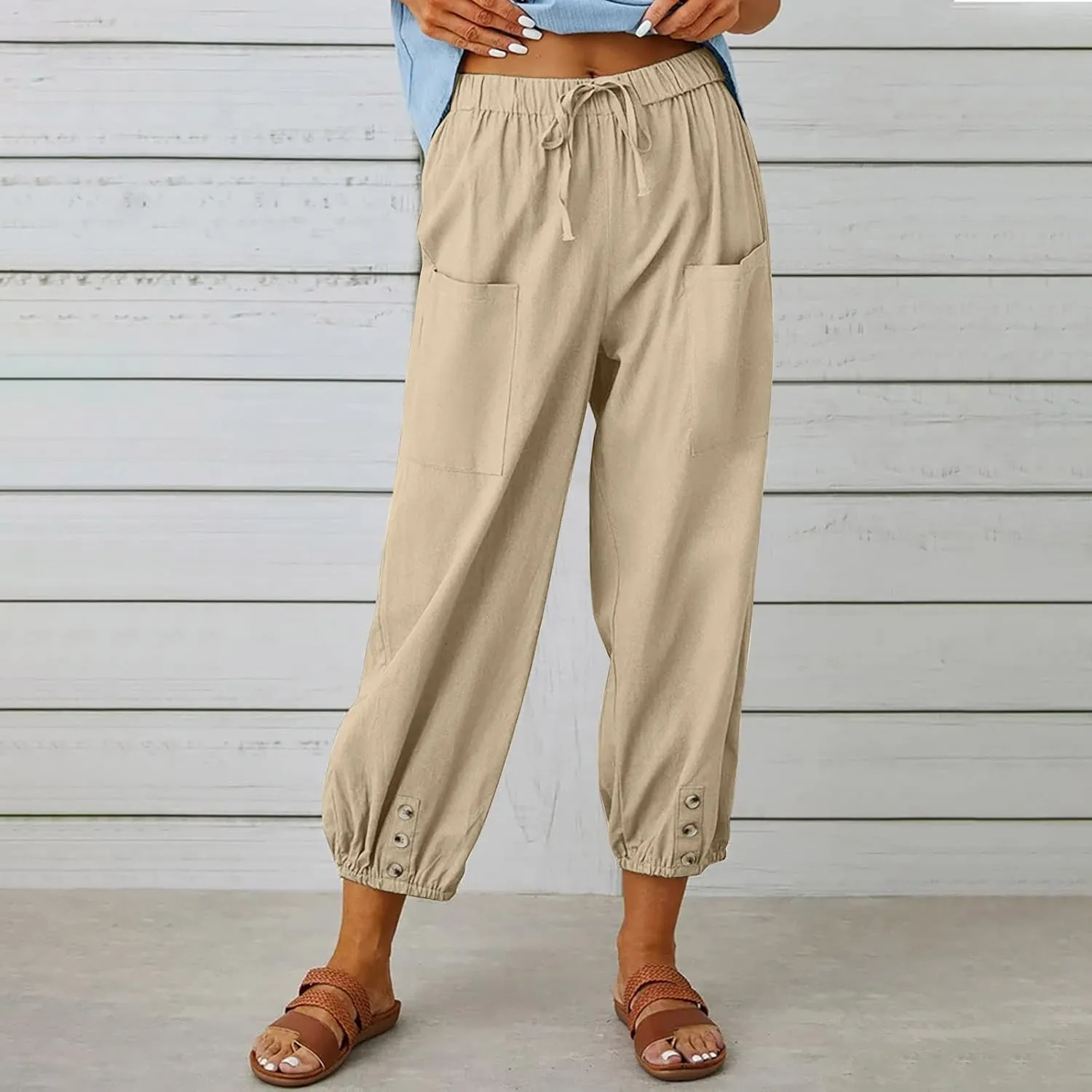 Women's Cropped Drawstring Waist Wide Leg Loose Cotton Linen Capri Pants for Women