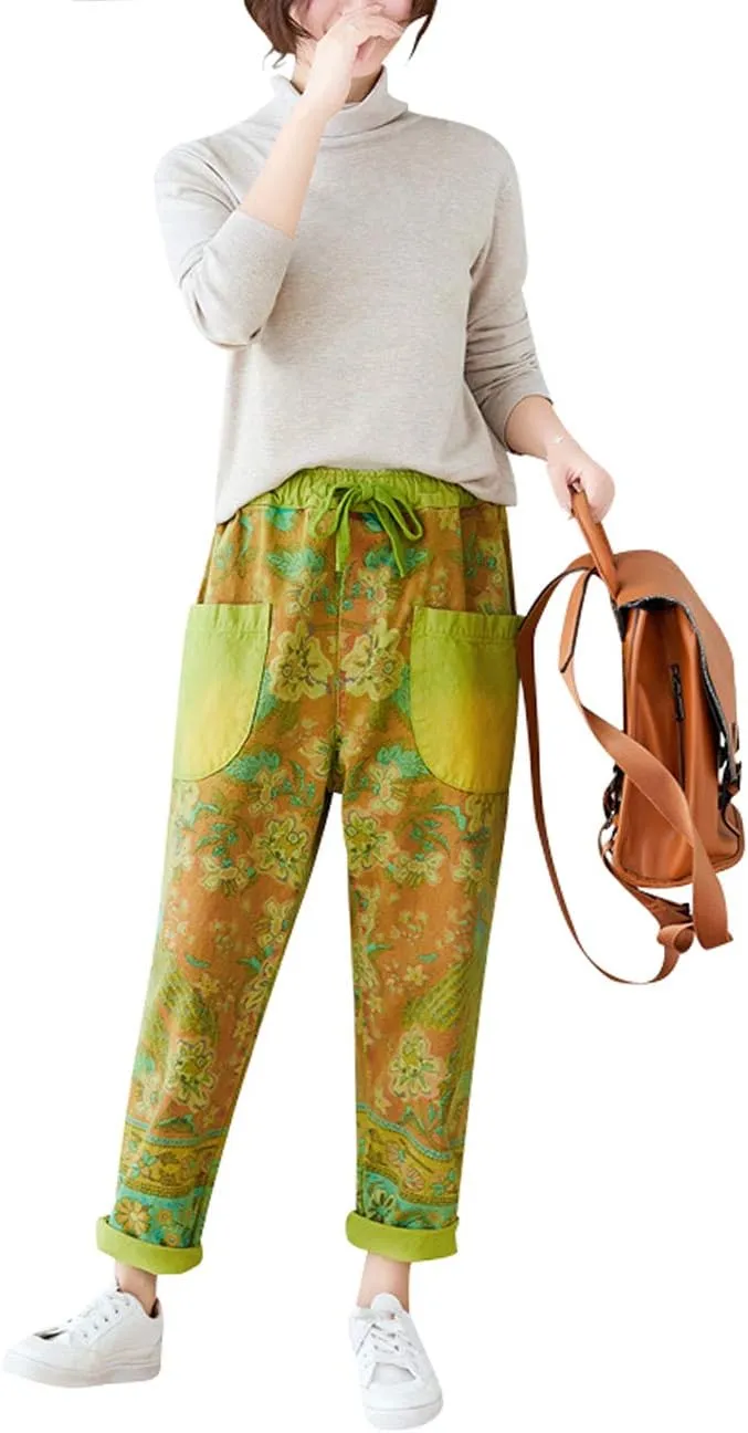 Women's Drawstring Pants Denim Jeans Harem Pants with Pockets