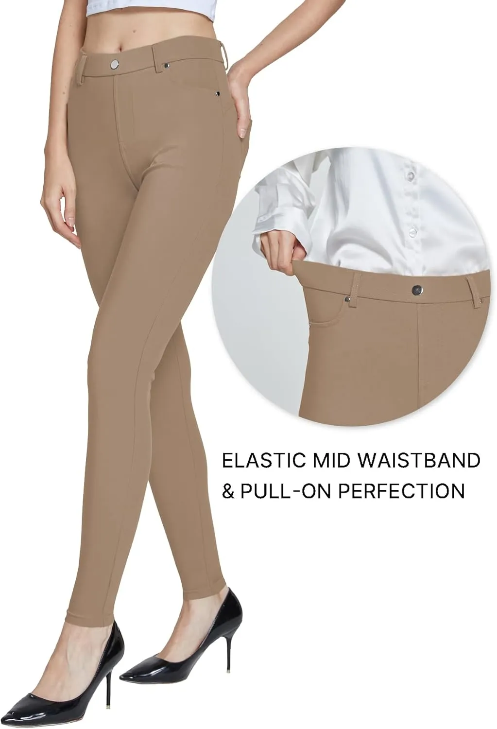 Women's Dress Pants Pull-on Super Stretch Business Casual Jeggings Capris Work Leggings with Pockets