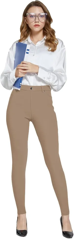 Women's Dress Pants Pull-on Super Stretch Business Casual Jeggings Capris Work Leggings with Pockets