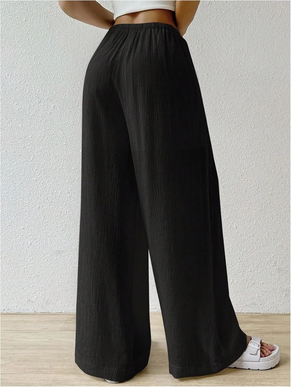 Women's Elastic Drawstring Waist Wide Leg Pants Loose Fit Sheer Cover Up Beach Pants Lounge with Pocket