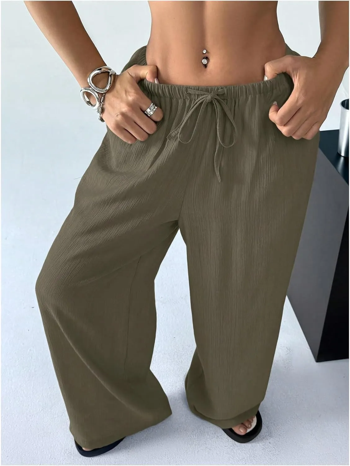 Women's Elastic Drawstring Waist Wide Leg Pants Loose Fit Sheer Cover Up Beach Pants Lounge with Pocket