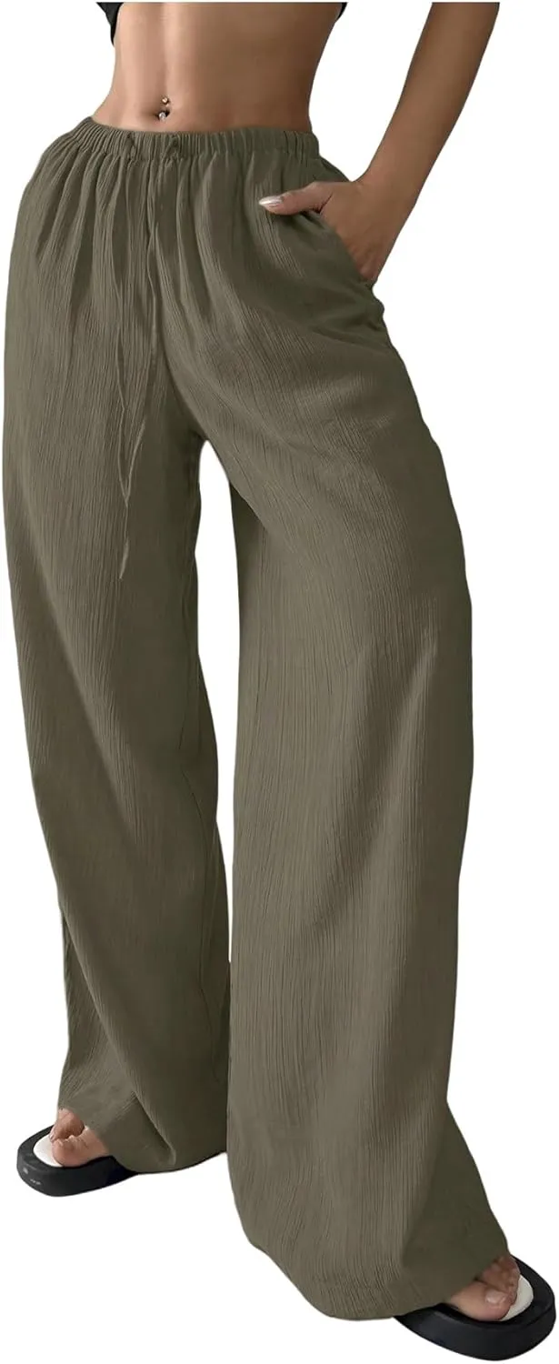 Women's Elastic Drawstring Waist Wide Leg Pants Loose Fit Sheer Cover Up Beach Pants Lounge with Pocket
