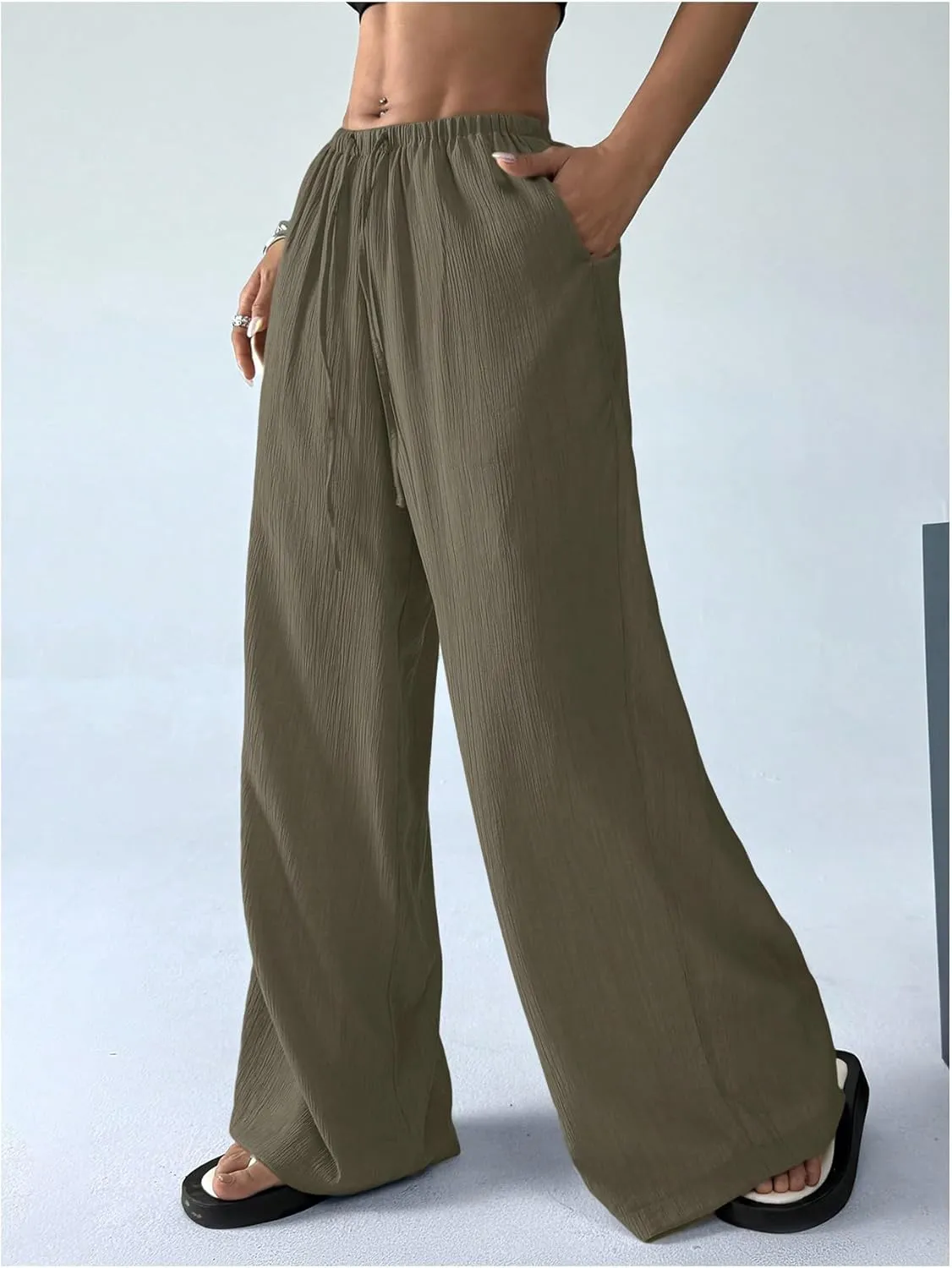 Women's Elastic Drawstring Waist Wide Leg Pants Loose Fit Sheer Cover Up Beach Pants Lounge with Pocket