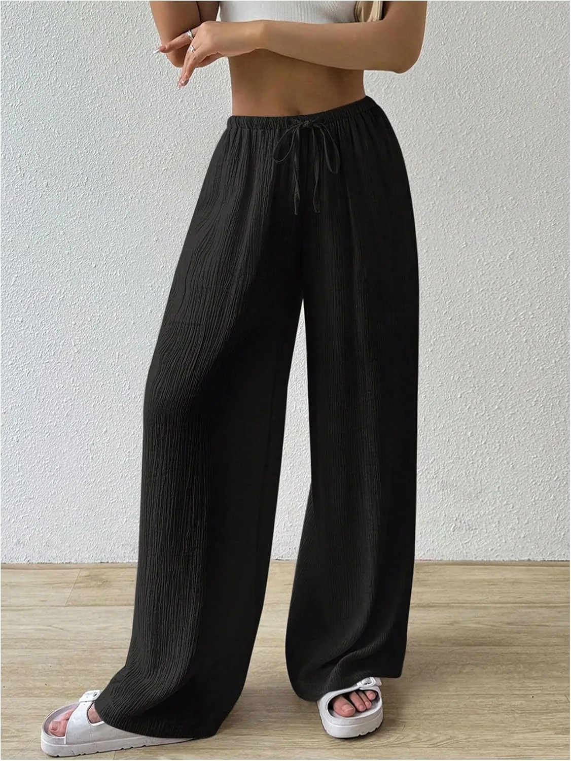 Women's Elastic Drawstring Waist Wide Leg Pants Loose Fit Sheer Cover Up Beach Pants Lounge with Pocket