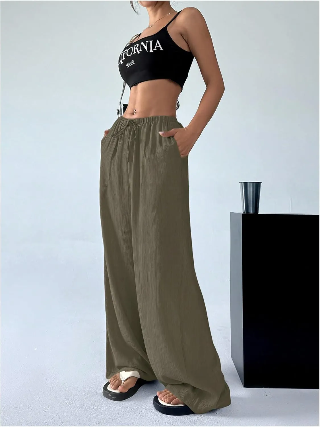 Women's Elastic Drawstring Waist Wide Leg Pants Loose Fit Sheer Cover Up Beach Pants Lounge with Pocket