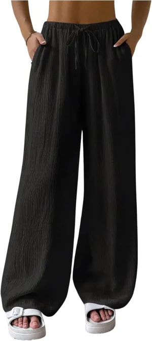 Women's Elastic Drawstring Waist Wide Leg Pants Loose Fit Sheer Cover Up Beach Pants Lounge with Pocket
