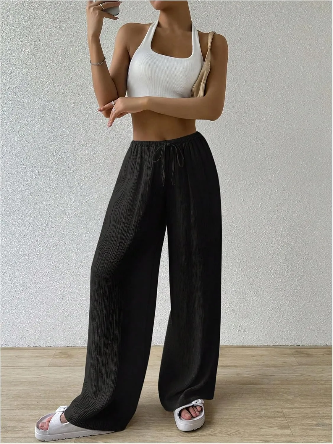 Women's Elastic Drawstring Waist Wide Leg Pants Loose Fit Sheer Cover Up Beach Pants Lounge with Pocket