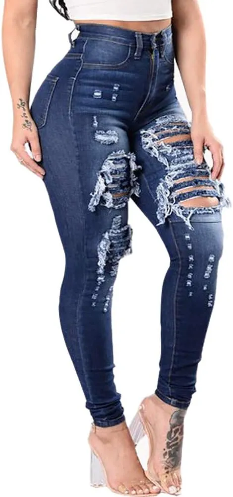 Women's High Waist Stretch Skinny Ripped Jeans Plus Size Slim Destroyed Trousers Sexy Hole Pencil Denim Pants