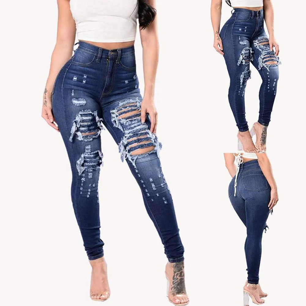 Women's High Waist Stretch Skinny Ripped Jeans Plus Size Slim Destroyed Trousers Sexy Hole Pencil Denim Pants