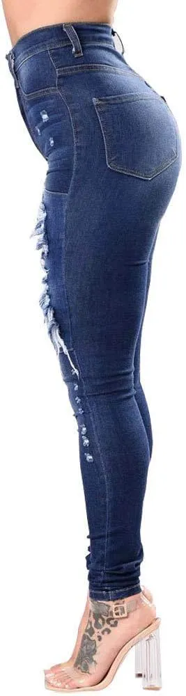 Women's High Waist Stretch Skinny Ripped Jeans Plus Size Slim Destroyed Trousers Sexy Hole Pencil Denim Pants