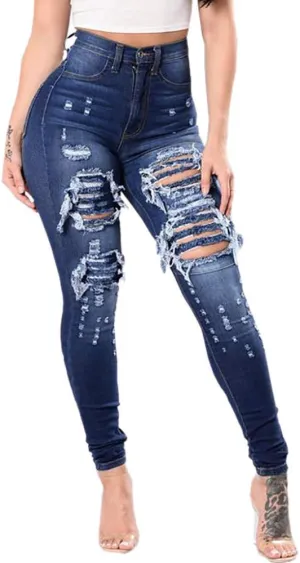 Women's High Waist Stretch Skinny Ripped Jeans Plus Size Slim Destroyed Trousers Sexy Hole Pencil Denim Pants