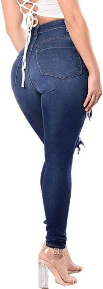 Women's High Waist Stretch Skinny Ripped Jeans Plus Size Slim Destroyed Trousers Sexy Hole Pencil Denim Pants