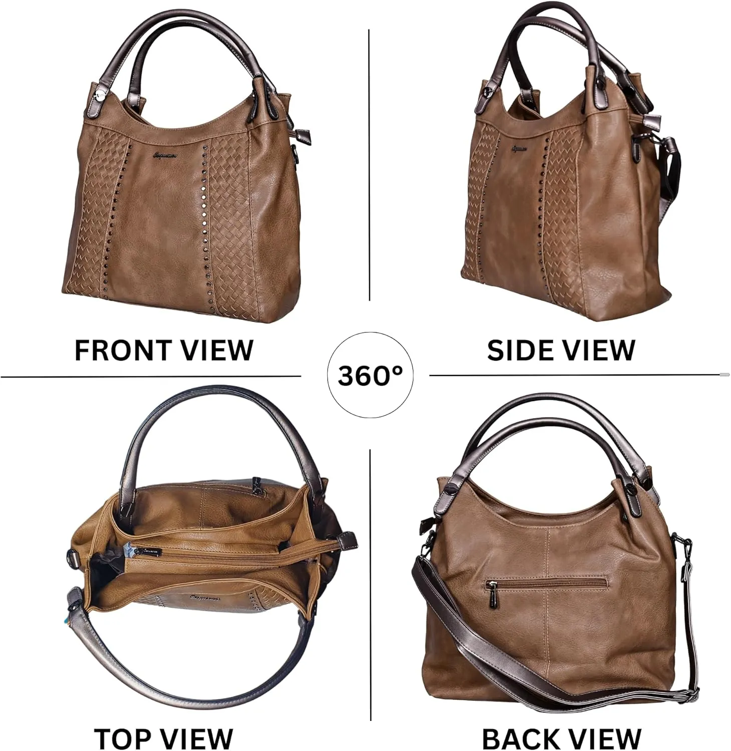 Womens Hobo Bag  Large Vegan Leather Shoulder Purse with Woven Texture, Stud Accents & tote bag for women