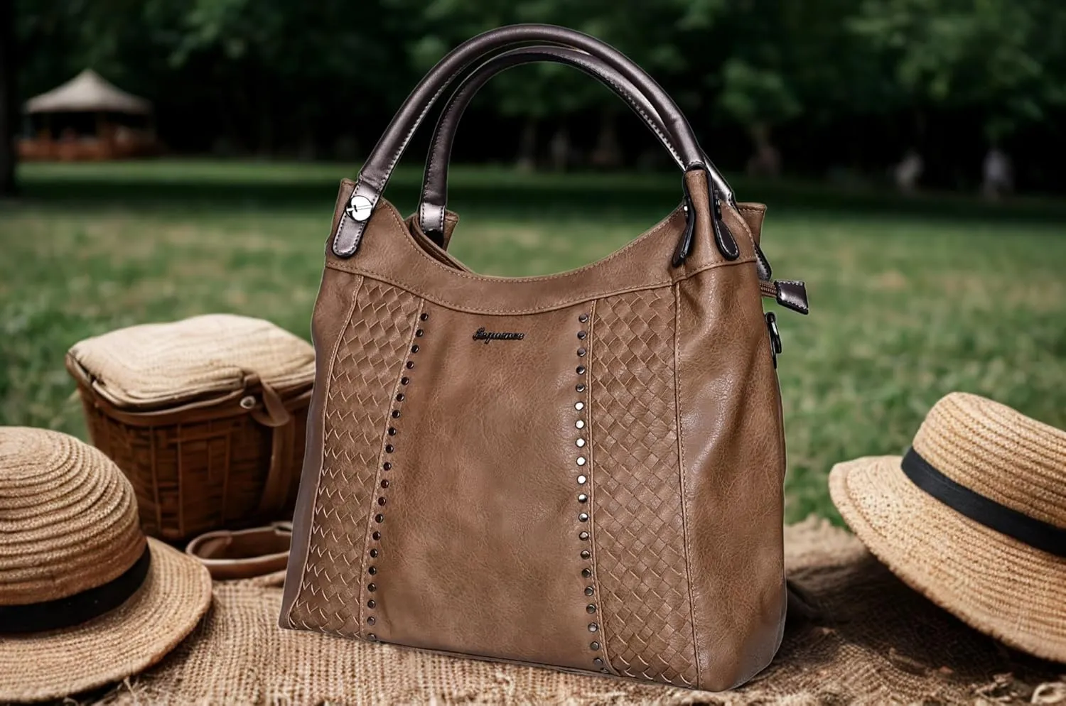 Womens Hobo Bag  Large Vegan Leather Shoulder Purse with Woven Texture, Stud Accents & tote bag for women