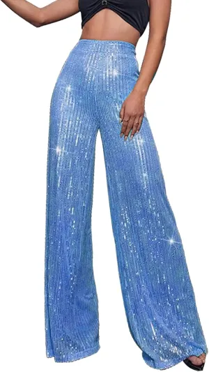 Women's Joggers Pants Pockets Women's High Waisted Sequin Loose Drape Wide Leg Pants Fashion Party Flared Trousers